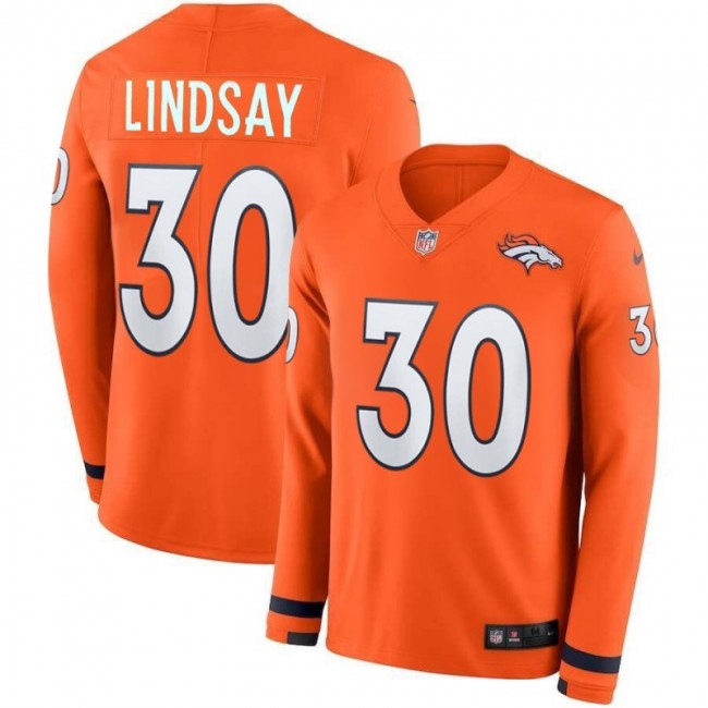Men's Broncos #30 Phillip Lindsay Orange Team Color Men's Stitched NFL Limited Therma Long Sleeve Jersey