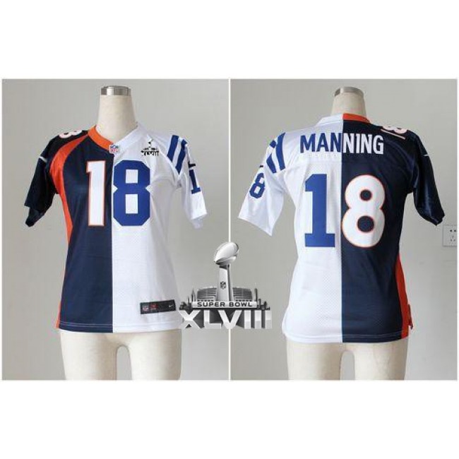 Women's Broncos #18 Peyton Manning Blue White Super Bowl XLVIII Stitched NFL Elite Split Colts Jersey