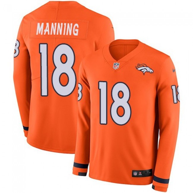 Nike Broncos #18 Peyton Manning Orange Team Color Men's Stitched NFL Limited Therma Long Sleeve Jersey