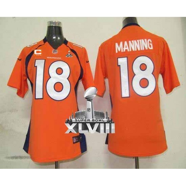Women's Broncos #18 Peyton Manning Orange Team Color With C Patch Super Bowl XLVIII Stitched NFL Elite Jersey
