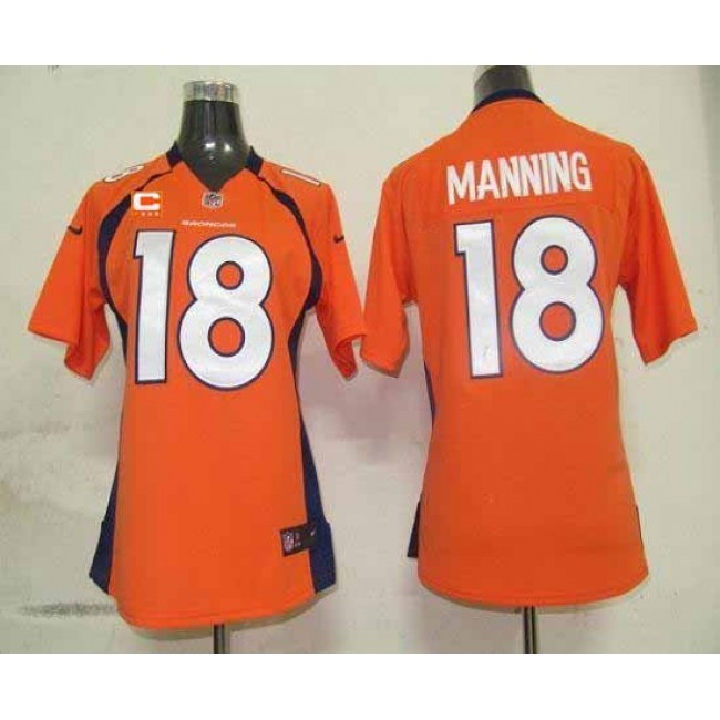 Women's Broncos #18 Peyton Manning Orange Team Color With C Patch Stitched NFL Elite Jersey