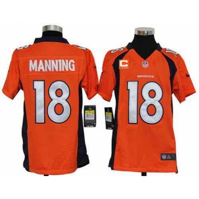 Denver Broncos #18 Peyton Manning Orange Team Color With C Patch Youth Stitched NFL Elite Jersey