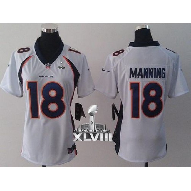 Women's Broncos #18 Peyton Manning White Super Bowl XLVIII Stitched NFL New Elite Jersey
