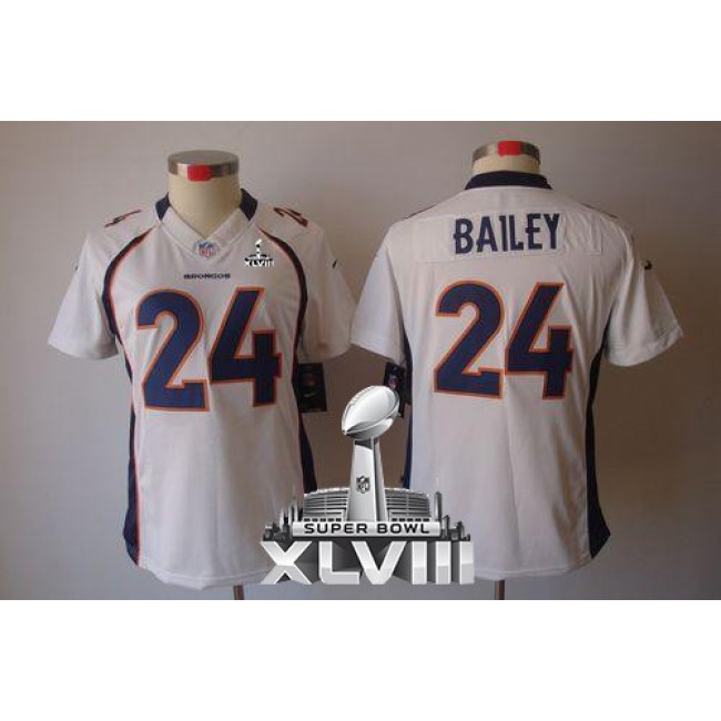 Women's Broncos #24 Champ Bailey White Super Bowl XLVIII Stitched NFL Limited Jersey