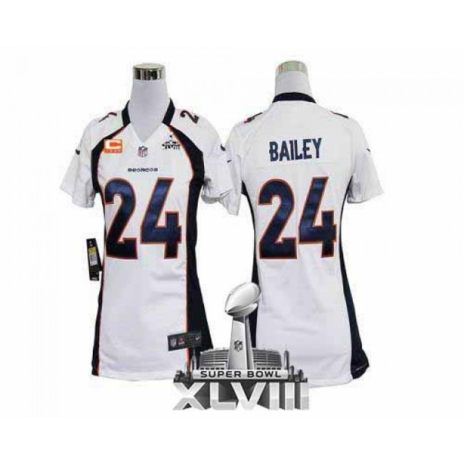 Women's Broncos #24 Champ Bailey White With C Patch Super Bowl XLVIII Stitched NFL Elite Jersey