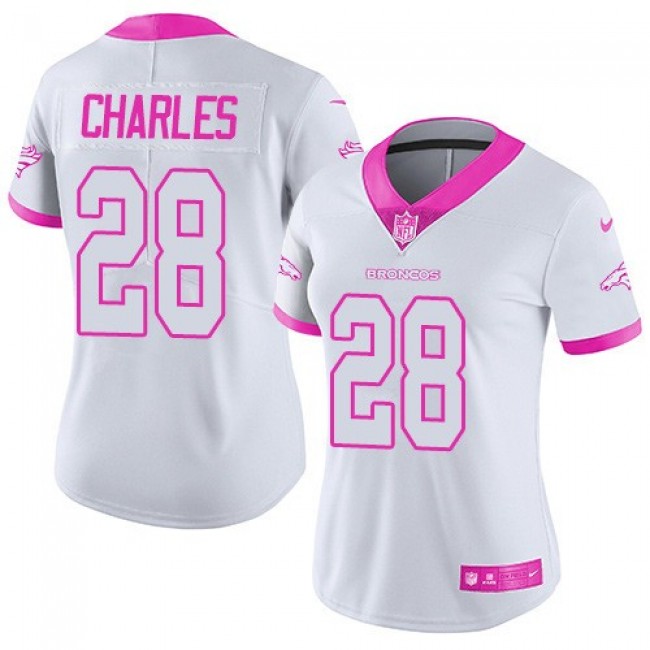 Women's Broncos #28 Jamaal Charles White Pink Stitched NFL Limited Rush Jersey