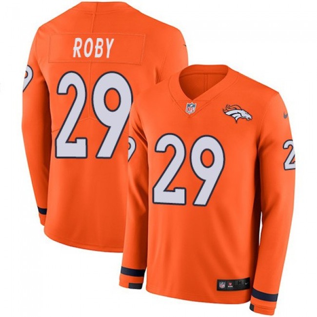 Nike Broncos #29 Bradley Roby Orange Team Color Men's Stitched NFL Limited Therma Long Sleeve Jersey