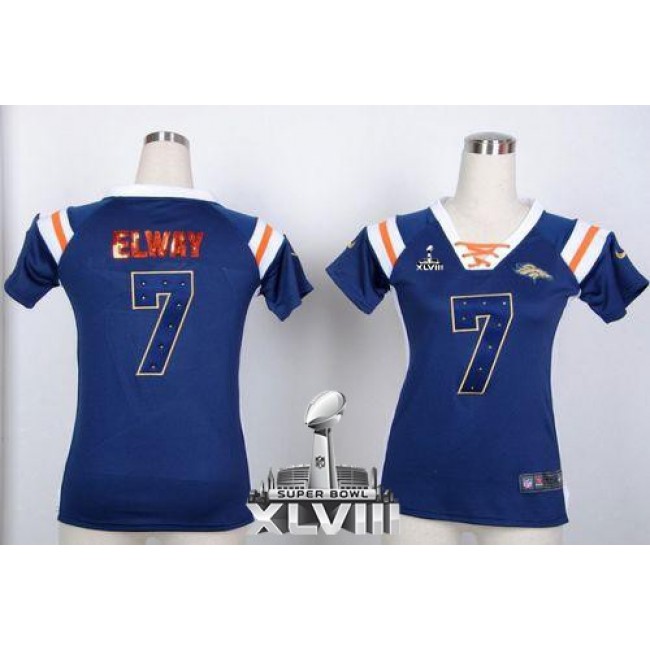 Women's Broncos #7 John Elway Navy Blue Super Bowl XLVIII Stitched NFL Elite Draft Him Shimmer Jersey