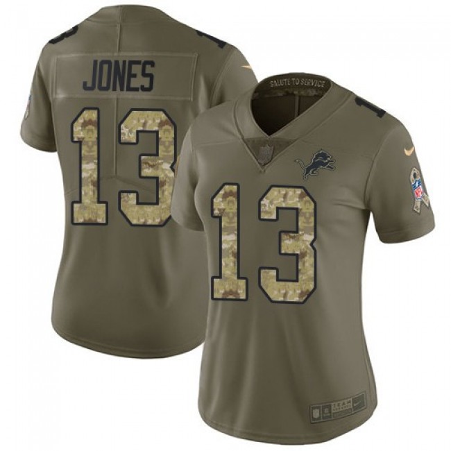 Women's Lions #13 T.J. Jones Olive Camo Stitched NFL Limited 2017 Salute to Service Jersey