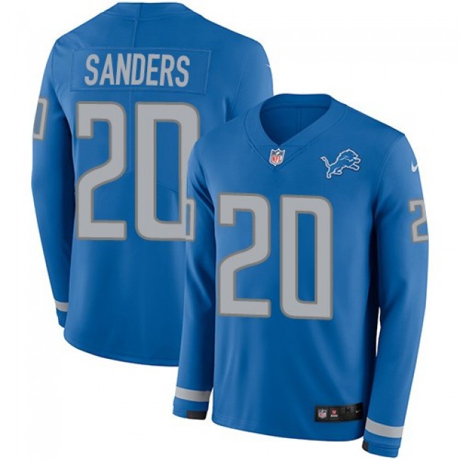 Nike Lions #20 Barry Sanders Blue Team Color Men's Stitched NFL Limited Therma Long Sleeve Jersey