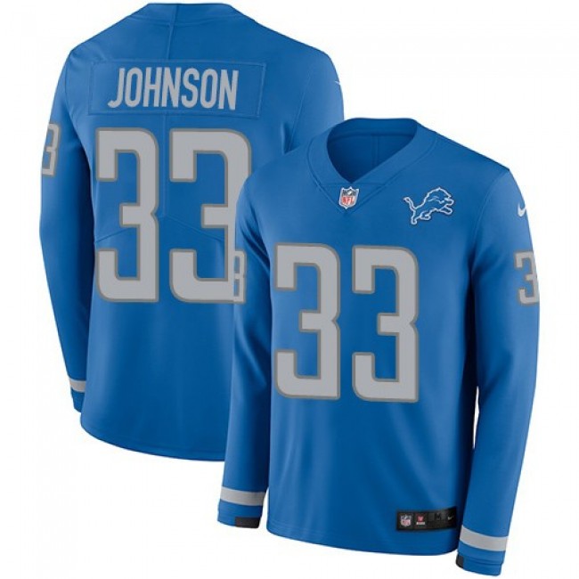 Nike Lions #33 Kerryon Johnson Blue Team Color Men's Stitched NFL Limited Therma Long Sleeve Jersey