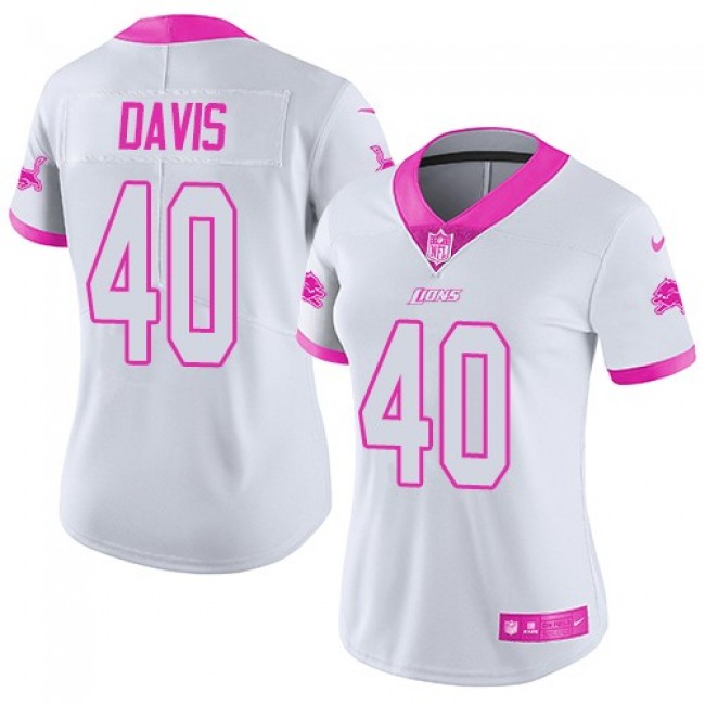 Women's Lions #40 Jarrad Davis White Pink Stitched NFL Limited Rush Jersey