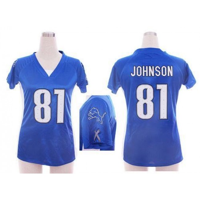 Women's Lions #81 Calvin Johnson Light Blue Team Color Draft Him Name Number Top Stitched NFL Elite Jersey