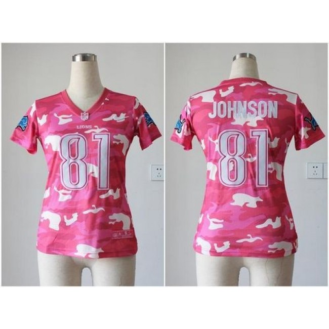 Women's Lions #81 Calvin Johnson Pink Stitched NFL Elite Camo Jersey