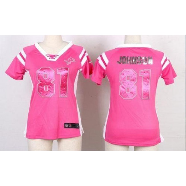 Women's Lions #81 Calvin Johnson Pink Stitched NFL Elite Draft Him Shimmer Jersey