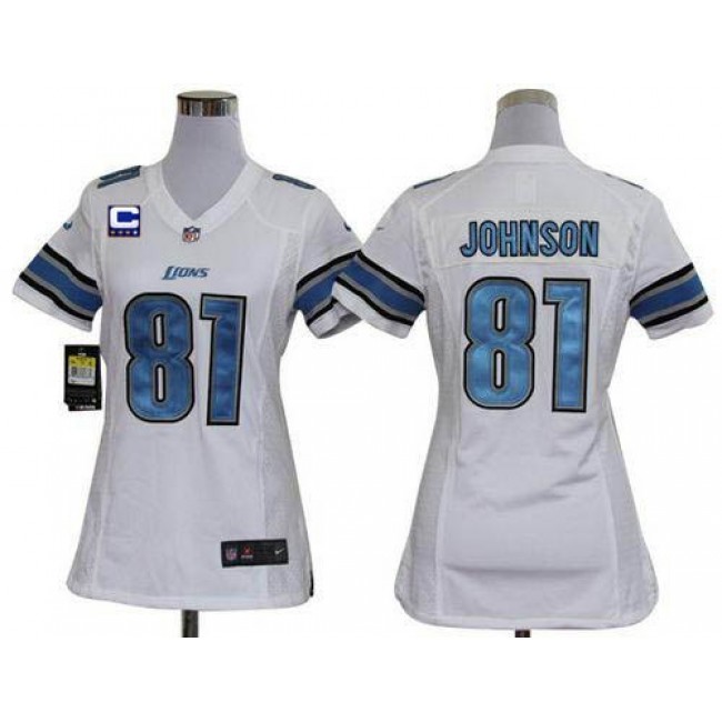 Women's Lions #81 Calvin Johnson White With C Patch Stitched NFL Elite Jersey