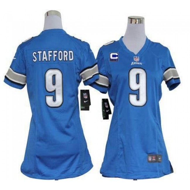 Women's Lions #9 Matthew Stafford Light Blue Team Color With C Patch Stitched NFL Elite Jersey