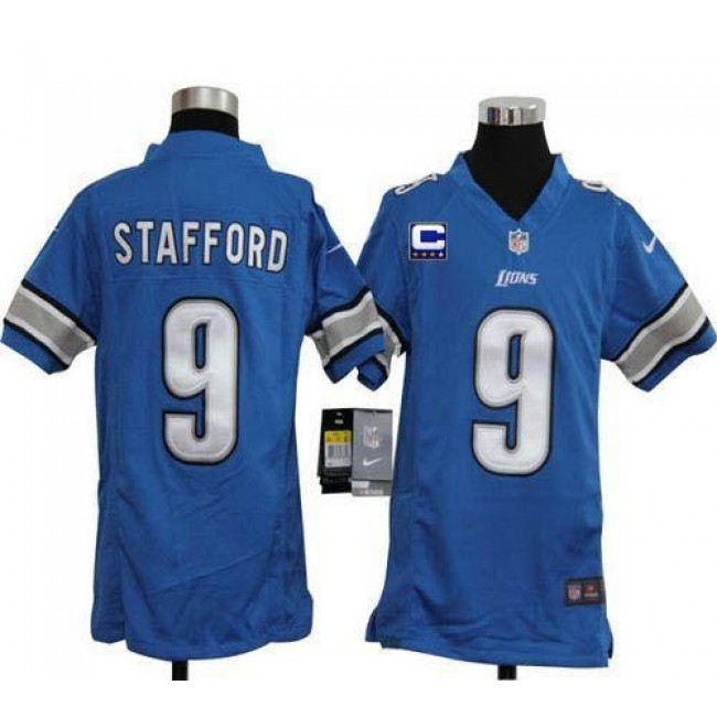 Detroit Lions #9 Matthew Stafford Light Blue Team Color With C Patch Youth Stitched NFL Elite Jersey