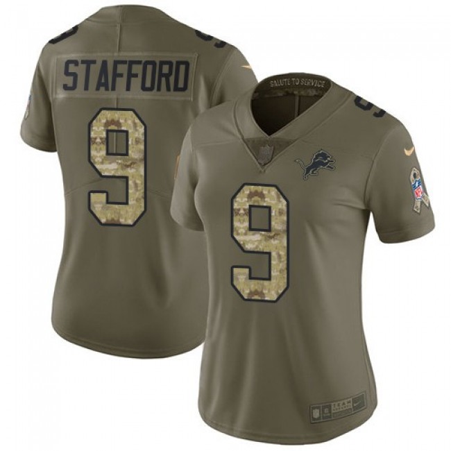 Women's Lions #9 Matthew Stafford Olive Camo Stitched NFL Limited 2017 Salute to Service Jersey
