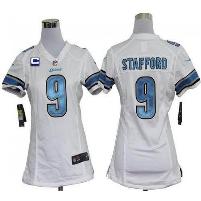 Women's Lions #9 Matthew Stafford White With C Patch Stitched NFL Elite Jersey