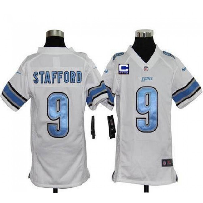 Detroit Lions #9 Matthew Stafford White With C Patch Youth Stitched NFL Elite Jersey