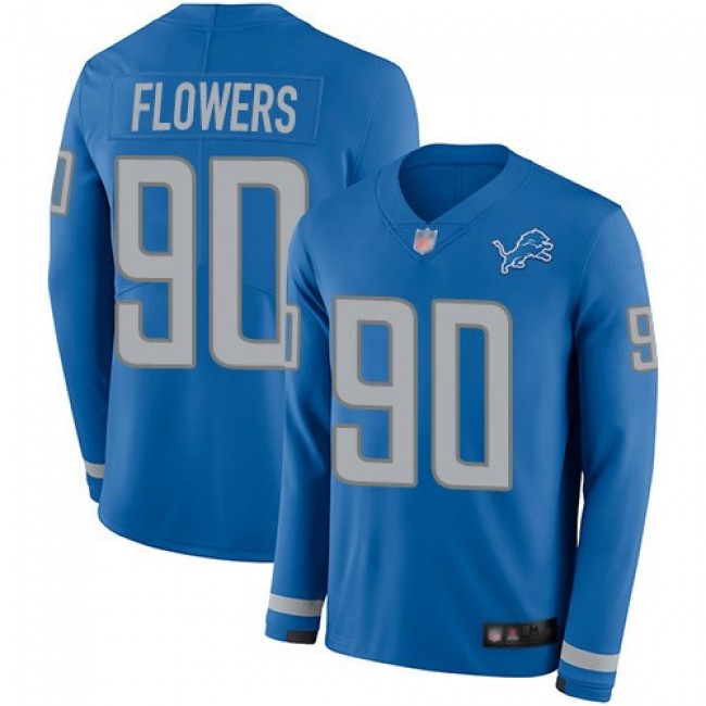 Nike Lions #90 Trey Flowers Blue Team Color Men's Stitched NFL Limited Therma Long Sleeve Jersey