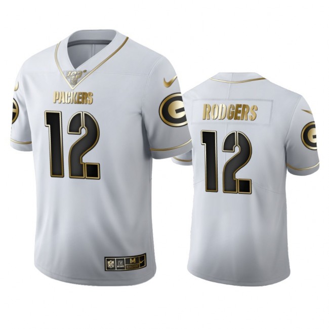 Green Bay Packers #12 Aaron Rodgers Men's Nike White Golden Edition Vapor Limited NFL 100 Jersey