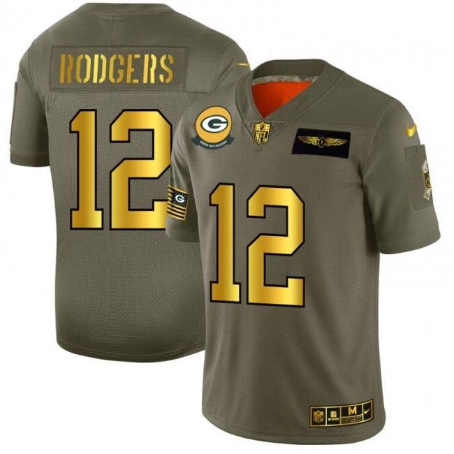 Green Bay Packers #12 Aaron Rodgers NFL Men's Nike Olive Gold 2019 Salute to Service Limited Jersey