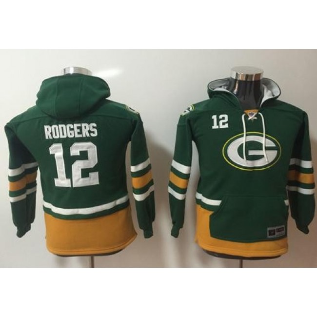 Green Bay Packers #12 Aaron Rodgers Green-Gold Youth Name Number Pullover NFL Hoodie Jersey