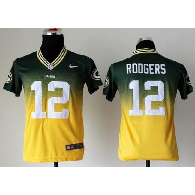 Green Bay Packers #12 Aaron Rodgers Green-Gold Youth Stitched NFL Elite Fadeaway Fashion Jersey