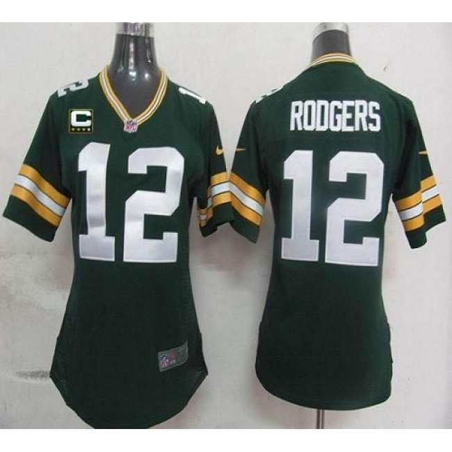 Women's Packers #12 Aaron Rodgers Green Team Color With C Patch Stitched NFL Elite Jersey