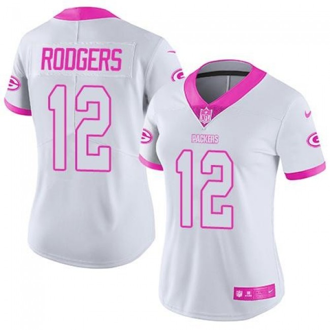 Women's Packers #12 Aaron Rodgers White Pink Stitched NFL Limited Rush Jersey