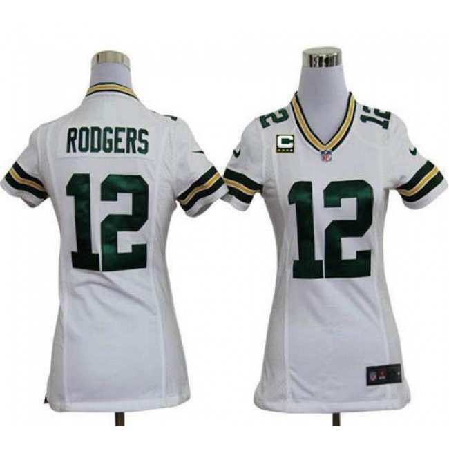 Women's Packers #12 Aaron Rodgers White With C Patch Stitched NFL Elite Jersey
