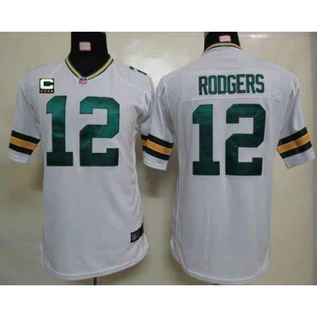 Green Bay Packers #12 Aaron Rodgers White With C Patch Youth Stitched NFL Elite Jersey