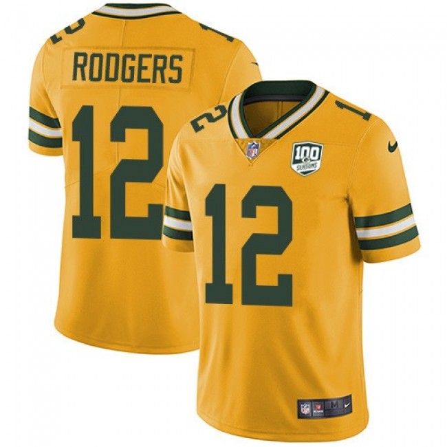 Nike Packers #12 Aaron Rodgers Yellow Men's 100th Season Stitched NFL Limited Rush Jersey