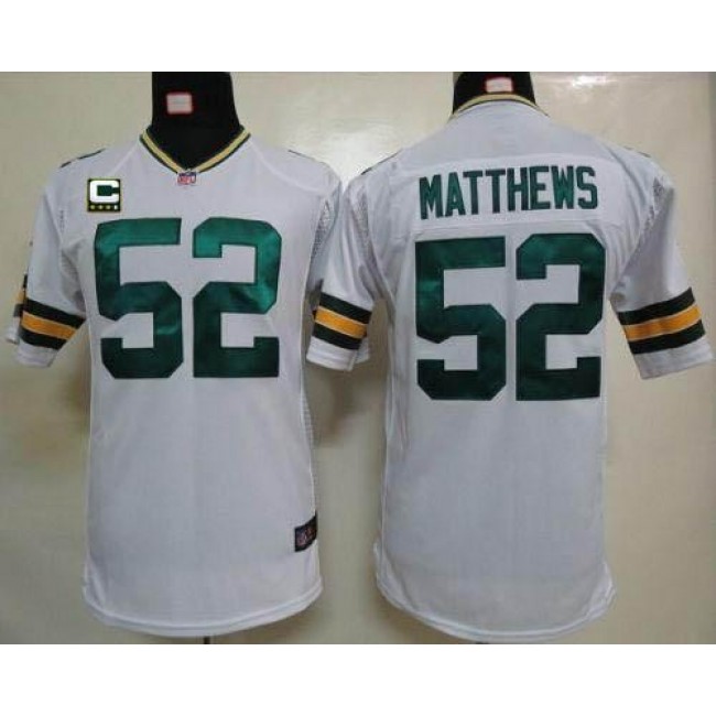 Green Bay Packers #52 Clay Matthews White With C Patch Youth Stitched NFL Elite Jersey