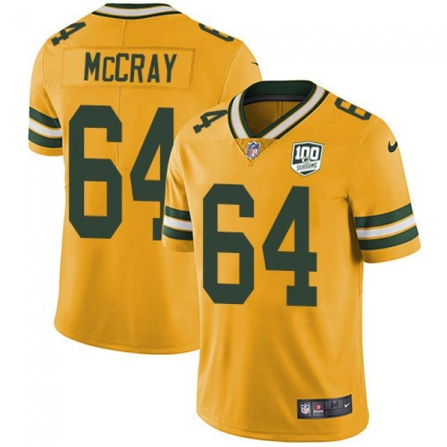 Nike Packers #64 Justin McCray Yellow Men's 100th Season Stitched NFL Limited Rush Jersey