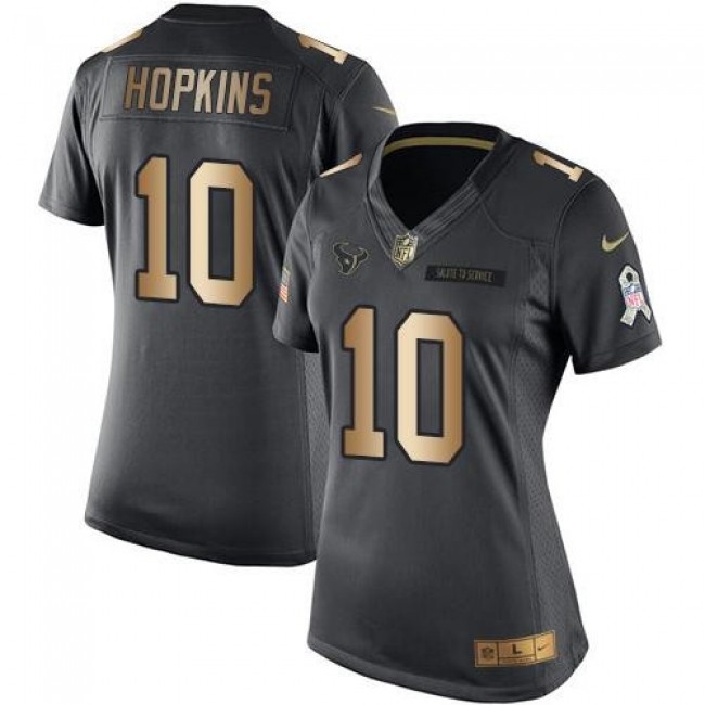 Women's Texans #10 DeAndre Hopkins Black Stitched NFL Limited Gold Salute to Service Jersey