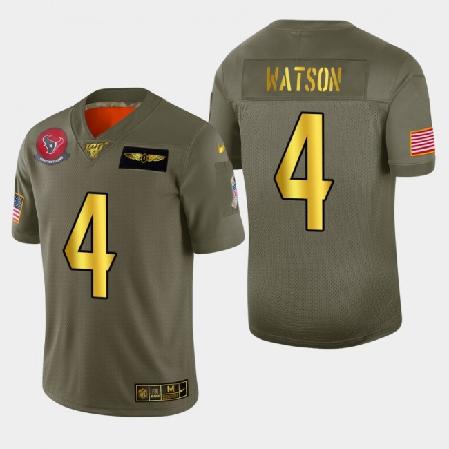Nike Texans #4 Deshaun Watson Men's Olive Gold 2019 Salute to Service NFL 100 Limited Jersey