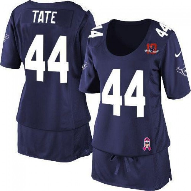 Women's Texans #44 Ben Tate Navy Blue Team Color With 10TH Patch Breast Cancer Awareness Stitched NFL Elite Jersey