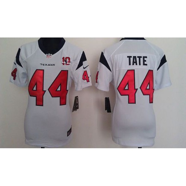 Women's Texans #44 Ben Tate White With 10th Patch Stitched NFL Elite Jersey