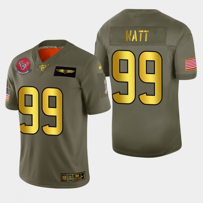 Nike Texans #99 J.J. Watt Men's Olive Gold 2019 Salute to Service NFL 100 Limited Jersey