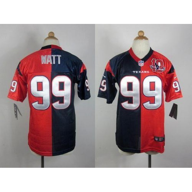 Houston Texans #99 J.J. Watt Navy Blue-Red With 10TH Patch Youth Stitched NFL Elite Split Jersey
