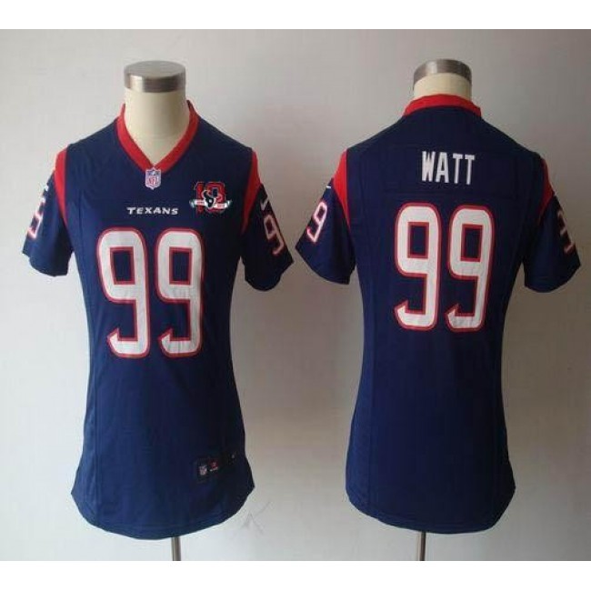 Women's Texans #99 JJ Watt Navy Blue Team Color With 10th Patch NFL Game Jersey