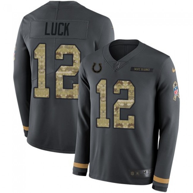 Nike Colts #12 Andrew Luck Anthracite Salute to Service Men's Stitched NFL Limited Therma Long Sleeve Jersey