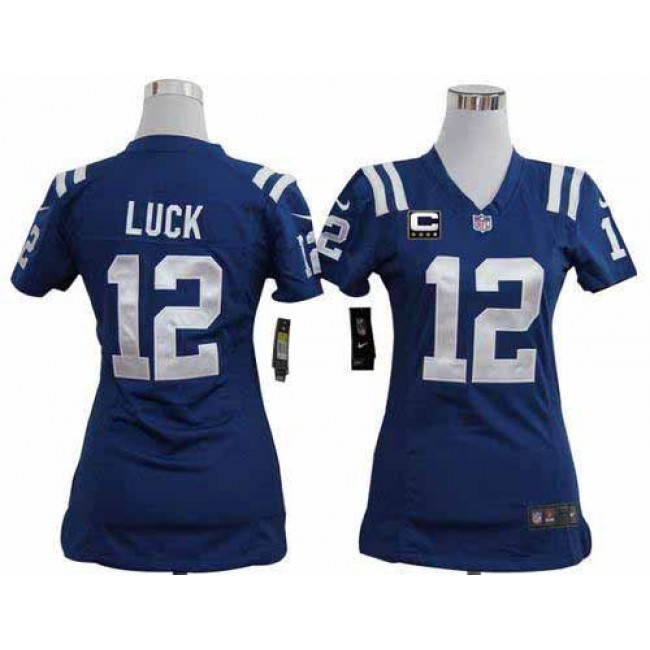 Women's Colts #12 Andrew Luck Royal Blue Team Color With C Patch Stitched NFL Elite Jersey
