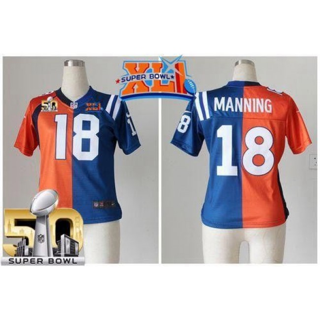 Women's Colts #18 Peyton Manning Orange Blue Super Bowl XLI Super Bowl 50 Stitched NFL Elite Split Broncos Jersey