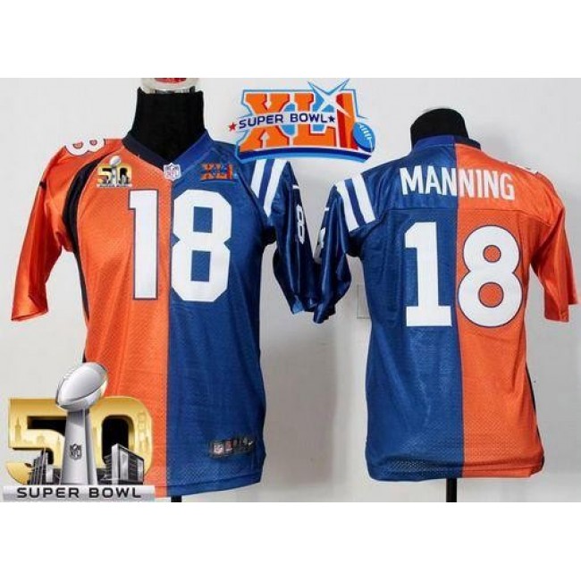 Indianapolis Colts #18 Peyton Manning Orange-Blue Super Bowl XLI Super Bowl 50 Youth Stitched NFL Elite Split Denver Broncos Jersey