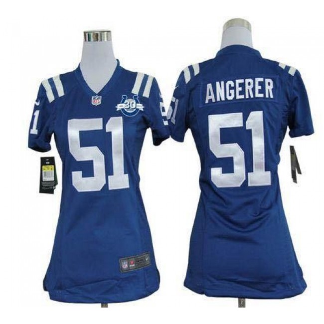 Women's Colts #51 Pat Angerer Royal Blue Team Color With 30TH Seasons Patch Stitched NFL Elite Jersey