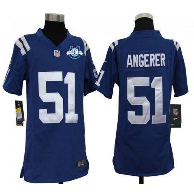 Indianapolis Colts #51 Pat Angerer Royal Blue Team Color With 30TH Seasons Patch Youth Stitched NFL Elite Jersey